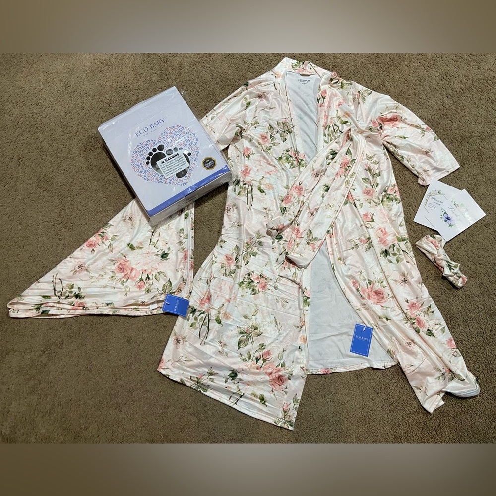 ECO BABY Maternity Robe Size L Matching Baby Swaddle Set Milk Silk New Bella